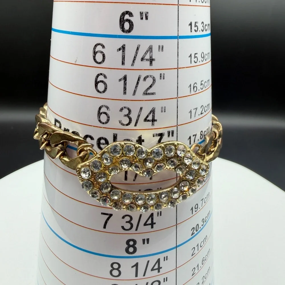 Gold Tone Rhinestone Lips Chunky Curb Chain Bracelet Statement Costume Jewelry